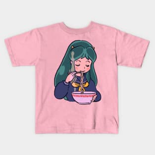 I draw invader lum eating ramen / urusei yatsura alien oni girl Kids T-Shirt